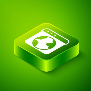 Isometric Worldwide simgesi yeşil arkaplanda izole edildi. Yerküreye iğnele. Yeşil kare düğmesi. Vektör