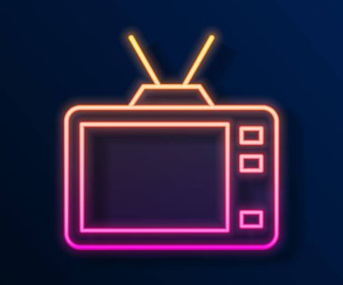 Parlayan neon hattı Retro TV simgesi siyah arkaplanda izole edildi. Televizyon tabelası. Vektör