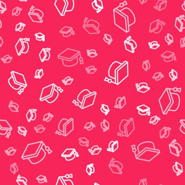 Beyaz çizgi mezuniyet başlığı simgesi kırmızı arkaplanda izole edilmiş kusursuz desen. Tassel ikonlu mezuniyet şapkası. Vektör