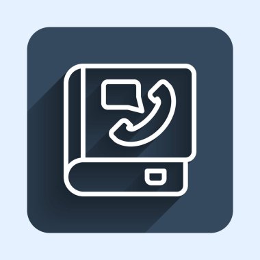 Beyaz çizgi telefon rehberi simgesi uzun gölge arkaplanı ile izole edildi. Adres defteri. Telefon rehberi. Mavi kare düğme. Vektör