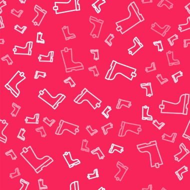 Beyaz çizgi, su geçirmez lastik bot ikonu kırmızı arka planda izole edilmiş pürüzsüz desen. Yağmurlu hava, balıkçılık, bahçe işleri için çizme. Vektör