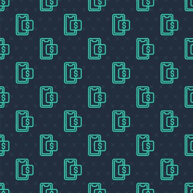 Yeşil hat cep telefonu ve alışveriş arabası ikonu mavi arka planda izole edilmiş pürüzsüz desen. İnternetten satın alma sembolü. Süpermarket sepeti sembolü. Vektör