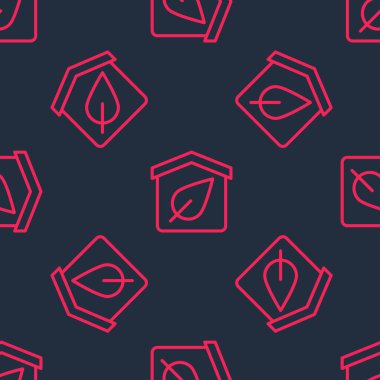 Kırmızı çizgi çevre dostu ev ikonu siyah arka planda kusursuz desen izole etti. Yapraklı eko ev. Vektör