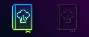 Parlayan neon hattı yemek kitabı simgesi siyah arkaplanda izole edildi. Yemek kitabı ikonu. Yemek tarifi kitabı. Çatal ve bıçak ikonları. Çatal bıçak sembolü. Vektör