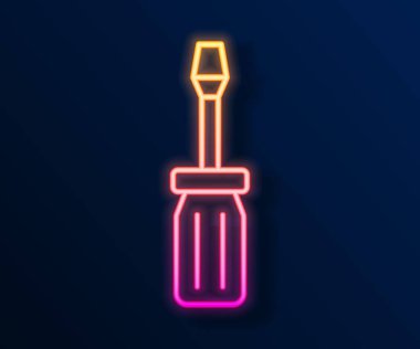 Parlayan neon hattı tornavida simgesi siyah arkaplanda izole edildi. Servis aracı sembolü. Vektör