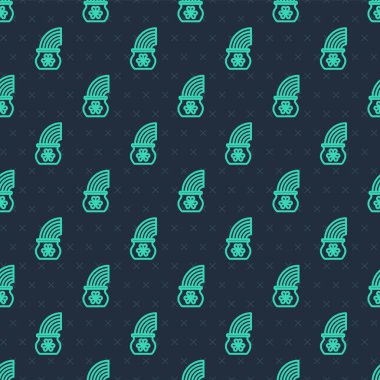 Sihirli gökkuşağı ikonu olan yeşil çizgili altın çanak mavi arka planda izole edilmiş pürüzsüz desen. Aziz Patrick gününüz kutlu olsun. Ulusal İrlanda bayramı. Vektör