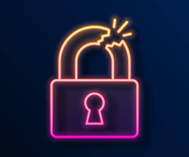 Parlayan neon hattı, kırılmış ya da kırılmış kilit simgesi siyah arkaplanda izole edilmiş. Kilidi aç işareti. Vektör