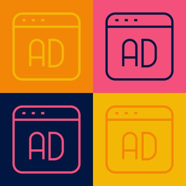 Pop sanat çizgisi reklam simgesi renk arkaplanında izole edildi. Pazarlama ve tanıtım süreci kavramı. İlgili reklamlar. Sosyal medya reklamcılığı. Vektör