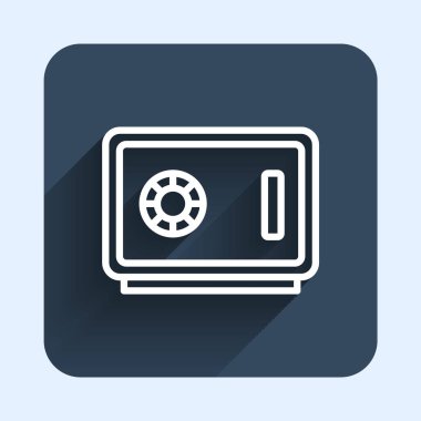 Beyaz çizgi Güvenli simgesi uzun gölge arkaplanı ile izole edildi. Kapı, şifreli bir banka kasası. Güvenilir Veri Koruma. Mavi kare düğme. Vektör