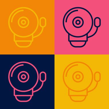 Pop sanat eseri alarm zili simgesi çalması renk arkaplanından izole edildi. Yangın alarmı. Servis zili, el zili işareti, uyarı sembolü. Vektör