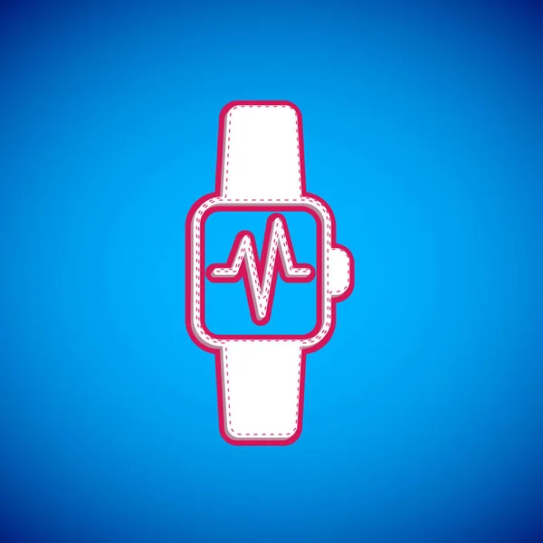 White Smart Watch Showing Heart Beat Rate Icon Isolated Blue — Stockvector