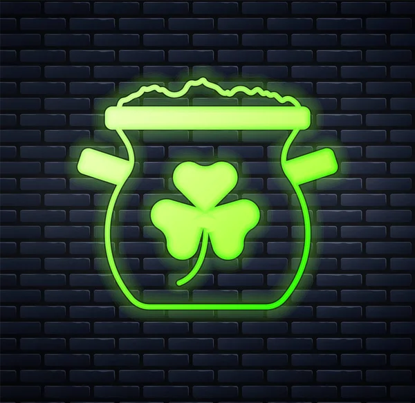 Glowing Neon Pot Gold Coins Icon Isolated Brick Wall Background — Vettoriale Stock