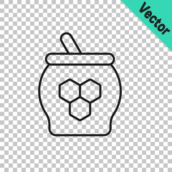 Black Line Jar Honey Honey Dipper Stick Icon Isolated Transparent — Stock Vector
