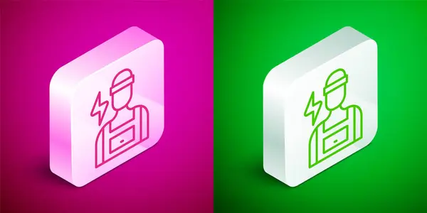Isometric Line Electrician Technician Engineer Icon Isolated Pink Green Background — Stock Vector