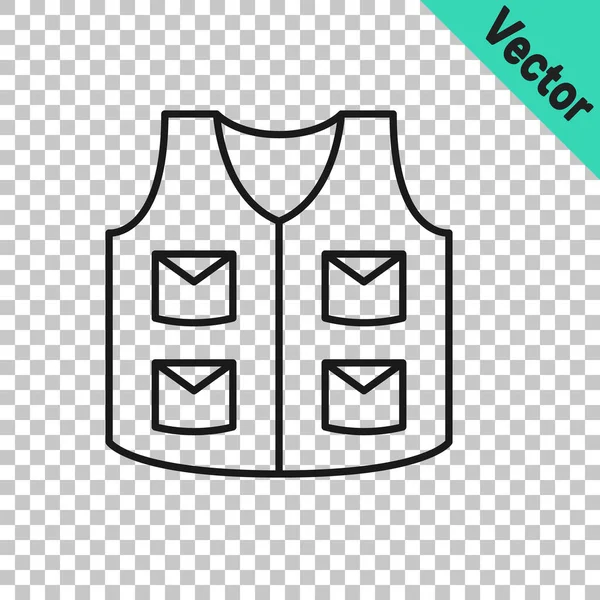 Black Line Fishing Jacket Icon Isolated Transparent Background Fishing Vest — Stock Vector