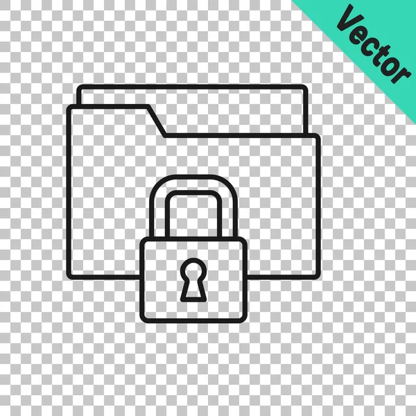 黑线文件夹和锁定图标隔离在透明的背景下 关闭文件夹和挂锁 保护概念 — 图库矢量图片