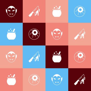 Pop sanatları vampiri, kanlı bıçak, cadılar bayramı cadı kazanı ve göz ikonu. Vektör