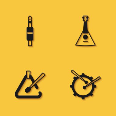 Ses krikosunu, bagetli davulu, üçgen müzik aletini ve uzun gölgeli Balalaika ikonunu ayarla. Vektör