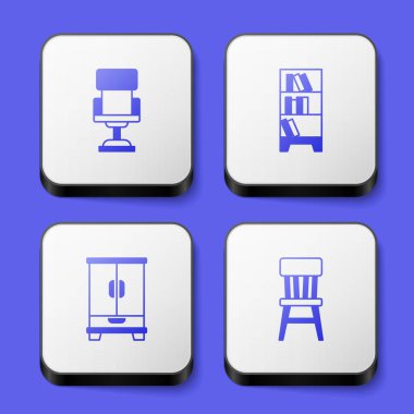 Ofis koltuğu, kütüphane kitaplığı, gardırop ve sandalye ikonu hazırla. Beyaz kare düğme. Vektör