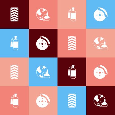 Otomobil tekerleği, yarış kaskı, yangın söndürücü ve fren diskini kalibre ikonuyla ayarla. Vektör