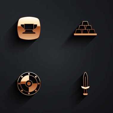 Demirci örs aletini, altın külçeleri, yuvarlak kalkanı ve Ortaçağ kılıç ikonunu uzun gölgeli ayarla. Vektör