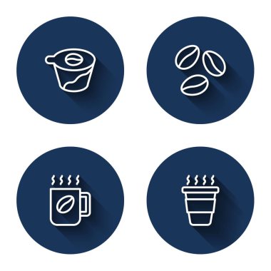 Sırayı kahve makinesinin, kahve çekirdeğinin, fincanın üzerine dök ve uzun gölgeyle devam et. Mavi daire düğmesi. Vektör