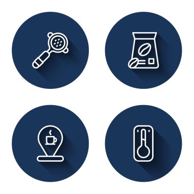 Çizgi kahve filtresi, kahve çekirdekleri, fincanlı konum ve uzun gölgeli termometre. Mavi daire düğmesi. Vektör