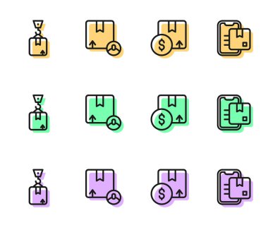 Çizgi çizgisi, karton kutu, Crane ile birlikte ve Belge takip işaretleme simgesi simgesi. Vektör