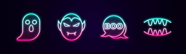 Hayalet, Vampir, Boo konuşma balonu ve dişler. Parlayan neon ikonu. Vektör