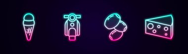 Dondurmayı waffle, scooter, zeytin ve peynirle ayarla. Parlayan neon ikonu. Vektör