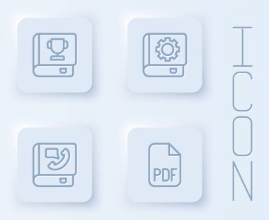 Satır Defteri, Kullanıcı Kılavuzu, Telefon rehberi ve PDF dosya belgesini ayarla. Beyaz kare düğme. Vektör