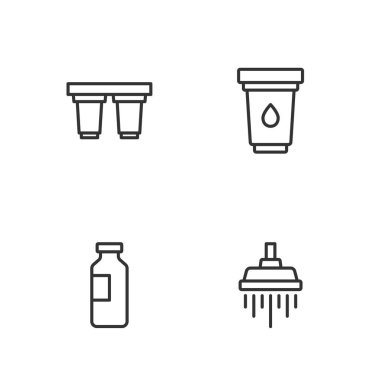 Duşu, bir şişe suyu, su filtresi kartuşunu ve ikonu ayarlayın. Vektör