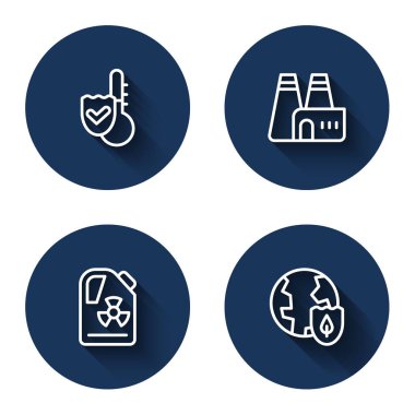 Hat termometresi, fabrika üretimi varilde radyoaktif atık ve uzun gölgeli kalkan. Mavi daire düğmesi. Vektör