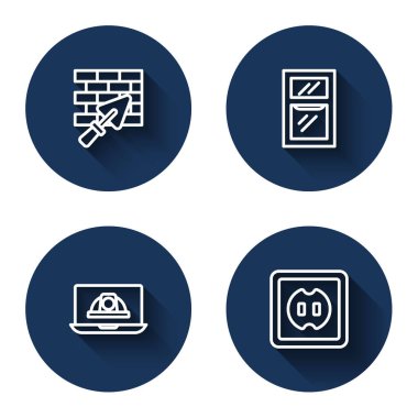 Tuğla duvarı, malayla örülü pencere, işçi kaskı ve uzun gölgeli elektrik prizi. Mavi daire düğmesi. Vektör