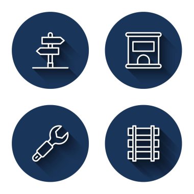 Trafik levhası, bilet almak için bilet ofisi, Wrench anahtarı ve tren yolu, uzun gölgeli tren yolu. Mavi daire düğmesi. Vektör