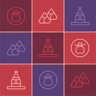 Sıra Wonton, bir şişe sake ve bambu buharı ikonunda Zongzi 'de. Vektör