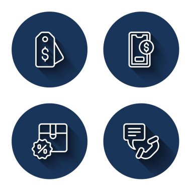 Fiyat etiketini dolar, cep telefonu, karton kutu indirimi ve uzun gölgeli 24 saat telefon desteği ile ayarla. Mavi daire düğmesi. Vektör