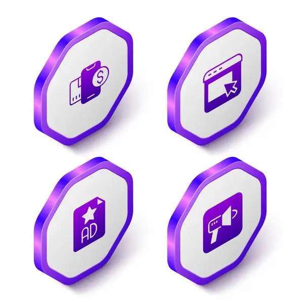 Set Isometric Mobile Dollar Advertising Megaphone Icon Purple Hexagon Button — Stock Vector