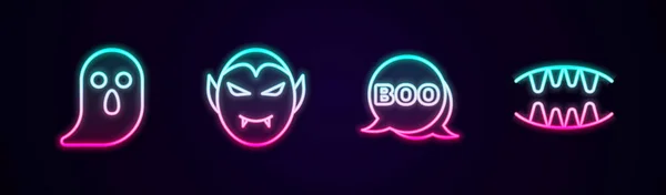 Nastavit Čáru Ghost Upír Boo Řeči Bublina Zuby Zářící Neonová — Stockový vektor