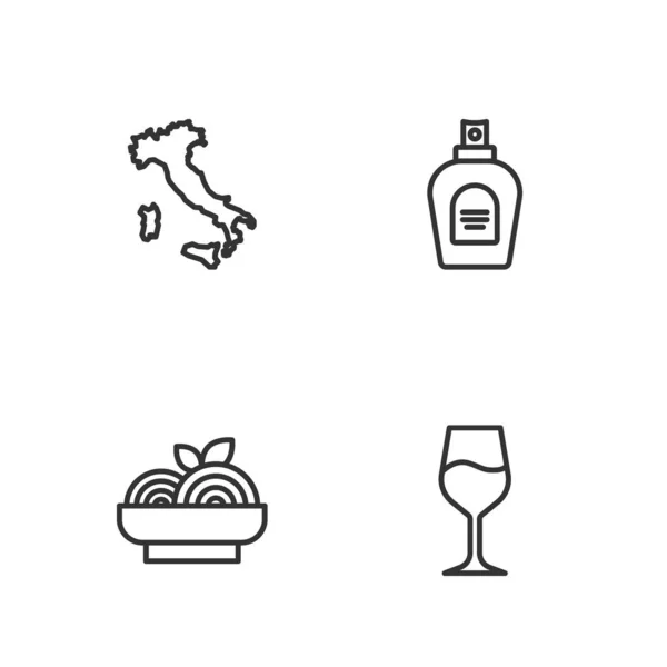 セットラインワイングラス パスタスパゲティ イタリア地図と香水のアイコン ベクトル — ストックベクタ