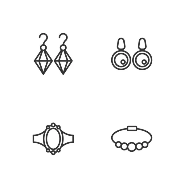 Set Line Bracelet Bijoux Bague Fiançailles Diamant Boucles Oreilles Icône — Image vectorielle