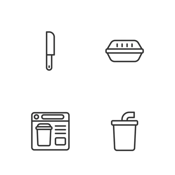 设置线纸杯与水 在线订购食物 刀和午餐盒图标 — 图库矢量图片