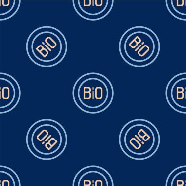 Biyolojik yeşil sağlıklı yiyecek ikonu için etiket, etiket, logo mavi arka planda izole edilmiş pürüzsüz desen. Organik ürün. Sağlıklı yemek etiketi. Vektör