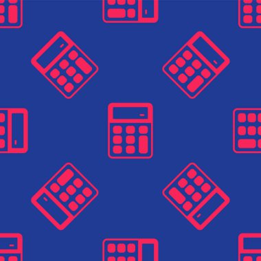 Kırmızı Hesap Makinesi simgesi mavi arkaplanda izole edilmiş kusursuz desen. Muhasebe sembolü. İş hesaplamaları matematik eğitimi ve finans. Vektör