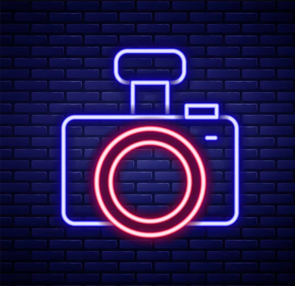 Glowing Neon Line Photo Camera Icon Isolated Brick Wall Background — Stock Vector