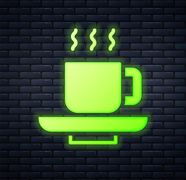 Leuchtende Neon Kaffeetasse Symbol Isoliert Auf Backsteinwand Hintergrund Teetasse Vorhanden — Stockvektor