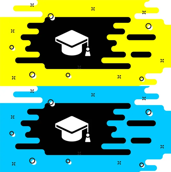 White Graduation Ikona Izolované Černém Pozadí Maturitní Klobouk Ikonou Střapce — Stockový vektor