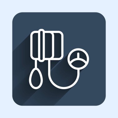 Beyaz çizgi tansiyon ikonu uzun gölge arkaplan izole. Mavi kare düğme. Vektör