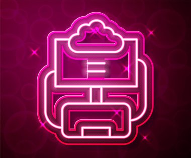 Parlayan neon hattı Bulut veritabanı simgesi kırmızı arkaplanda izole edildi. Bulut hesaplama konsepti. Veri aktarımlı dijital servis ya da uygulama. Vektör