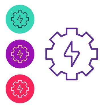 Dişliler ve şimşek simgesi beyaz arkaplanda izole edildi. Elektrik gücü. Şimşek işareti. Simgeleri renklendirin. Vektör